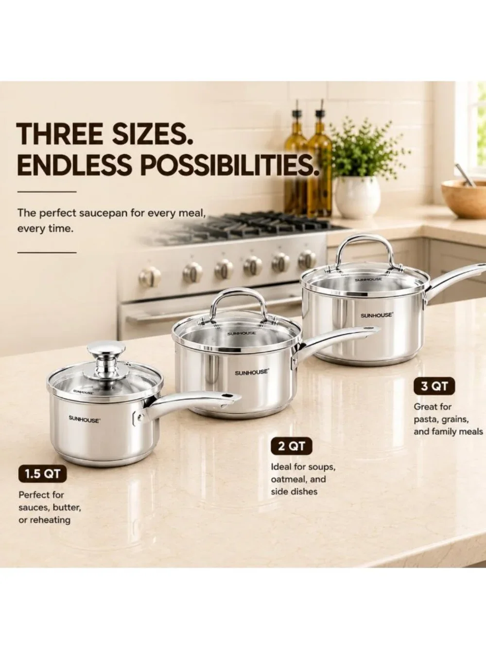 3-Piece Stainless Steel Saucepan Set with Lids - 1.5QT, 2QT, 3QT Cookware Set